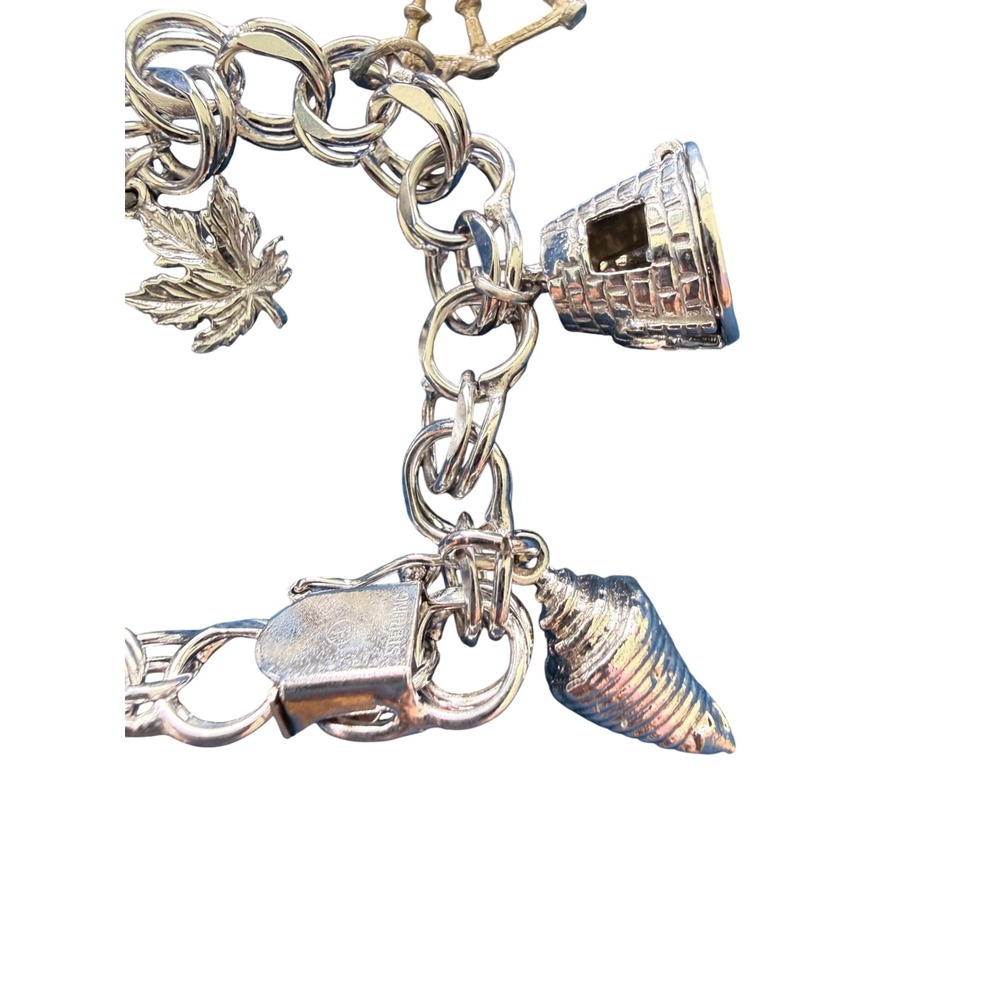 Vtg 925 Sterling Silver Charm Bracelet Frog Cactus Sewing Shell Sombrero Chunky - Picture 8 of 16